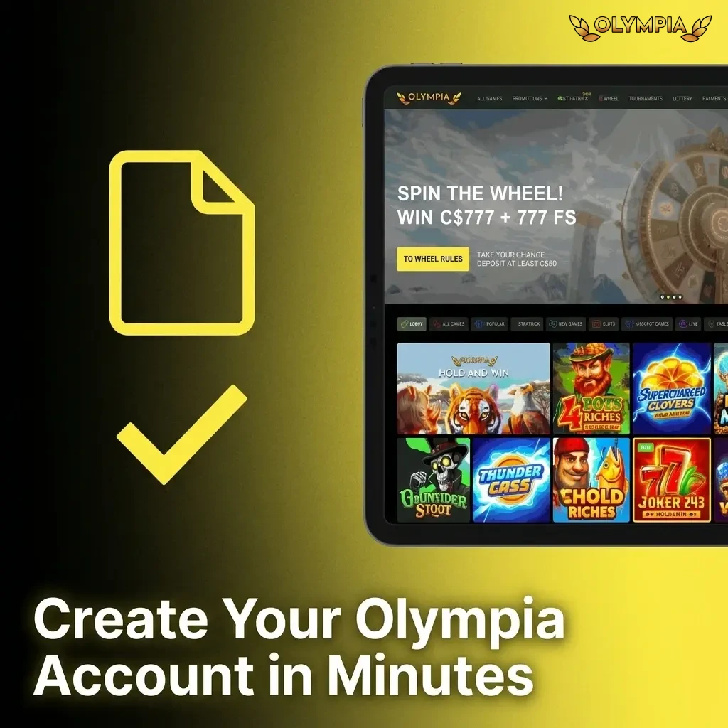 Step-by-step Olympia Casino account registration guide showing sign-up form, email verification, and identity verification process