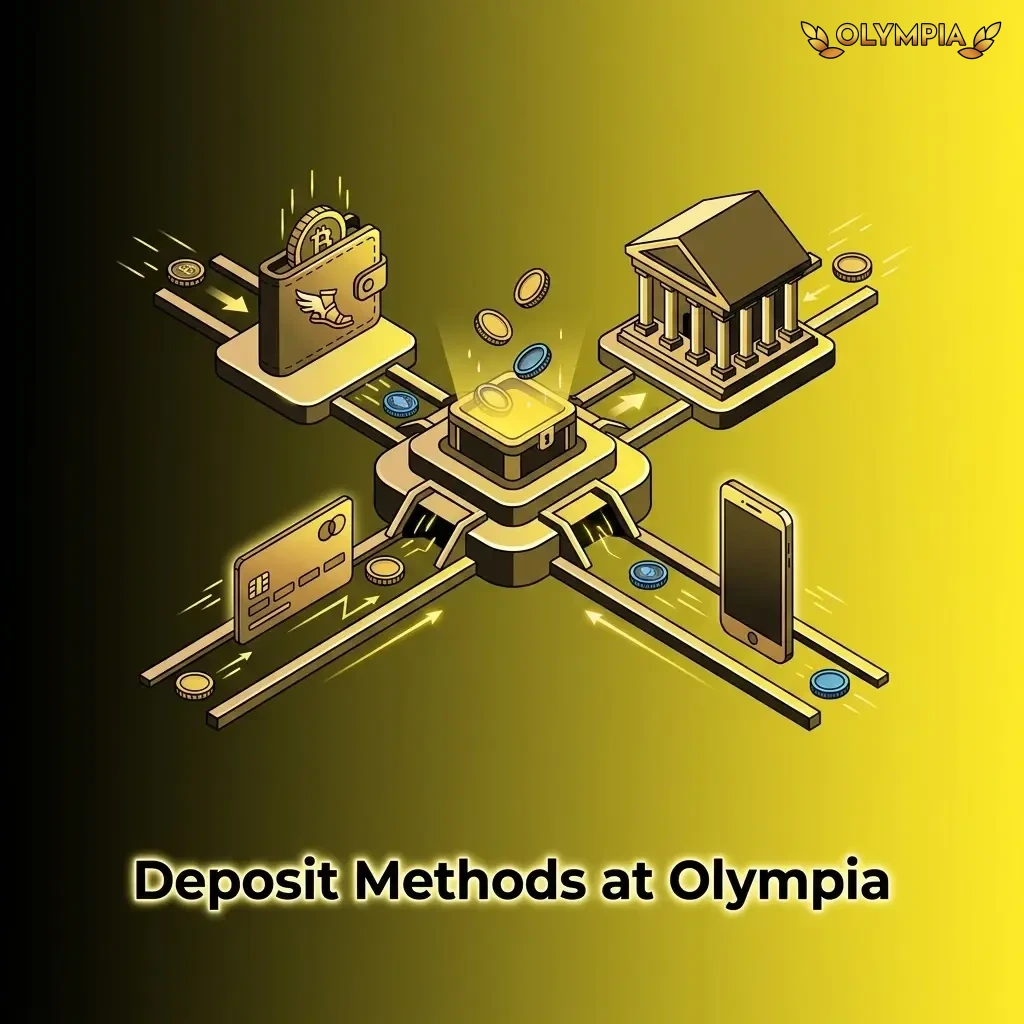 Olympia Casino deposit methods table showing payment options, fees, limits from C$20, and transaction times