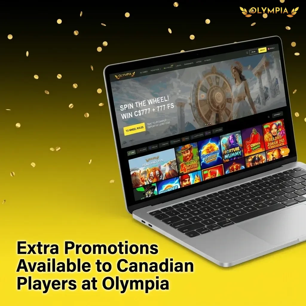 Olympia Casino Canada promotions including reload bonus, cashback, free spins, VIP rewards, referral bonus, and esports offers