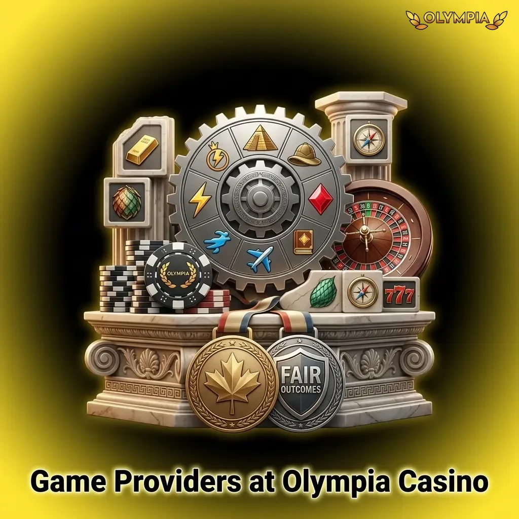 Olympia Casino game providers logos including Pragmatic Play, Evolution Gaming, NetEnt, Microgaming, and 80+ certified studios