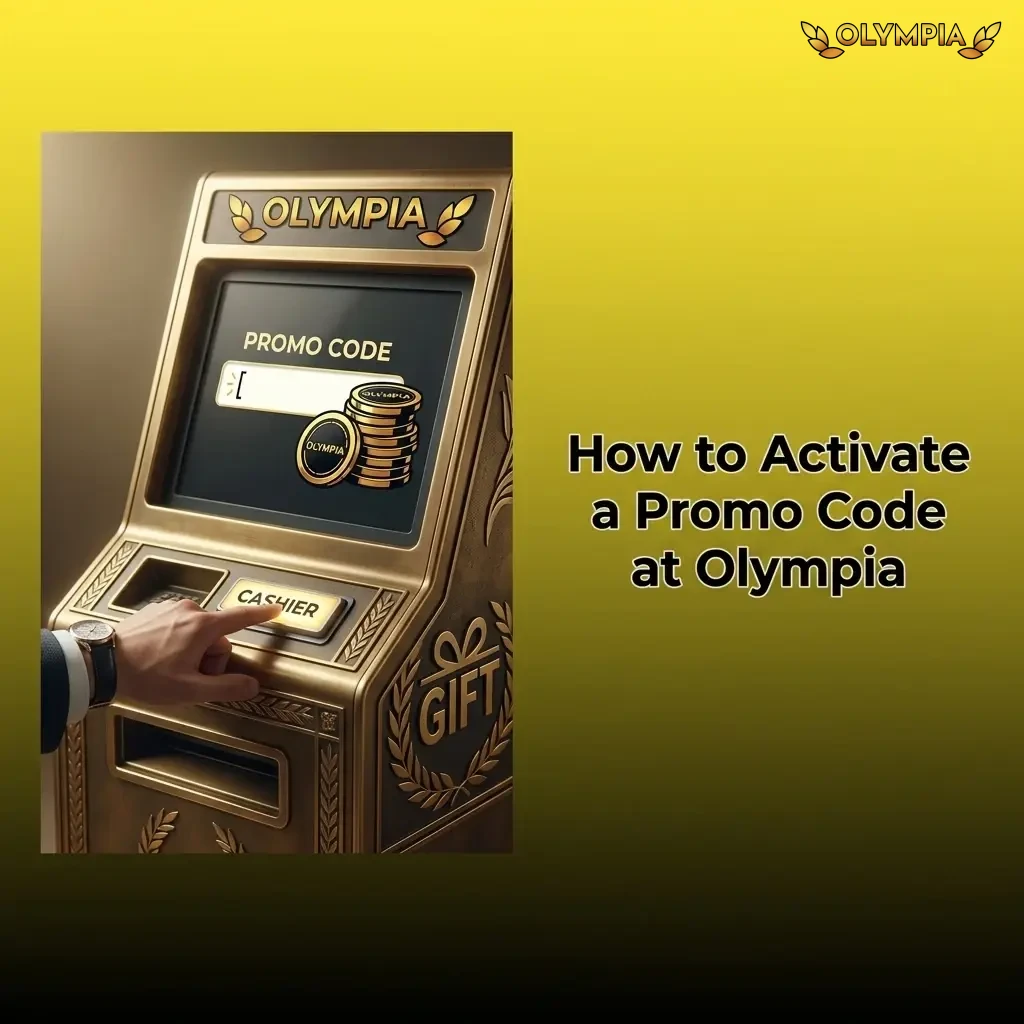 Step-by-step guide showing how to activate a promo code at Olympia in the cashier deposit section