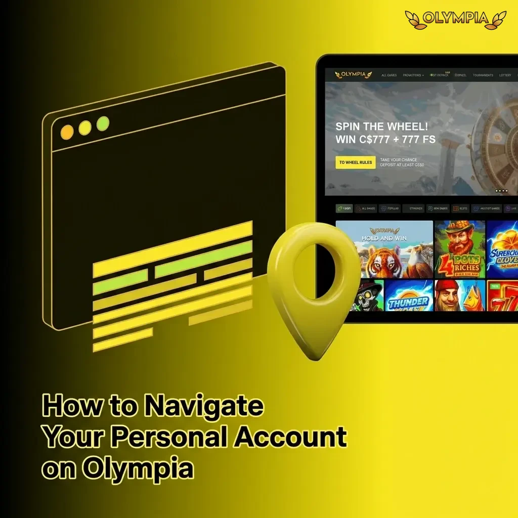 Olympia casino personal account navigation panel showing profile, deposits, bonuses, and support menu options