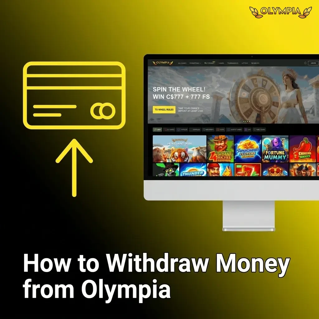 Step-by-step guide on how to withdraw money from Olympia, showing cashier options and payment methods like Skrill and Interac
