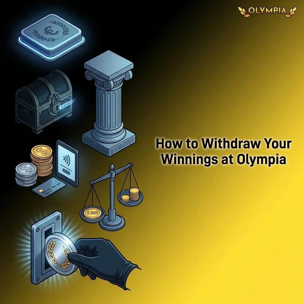 Step-by-step guide on how to withdraw winnings at Olympia casino, showing cashier and payment method options