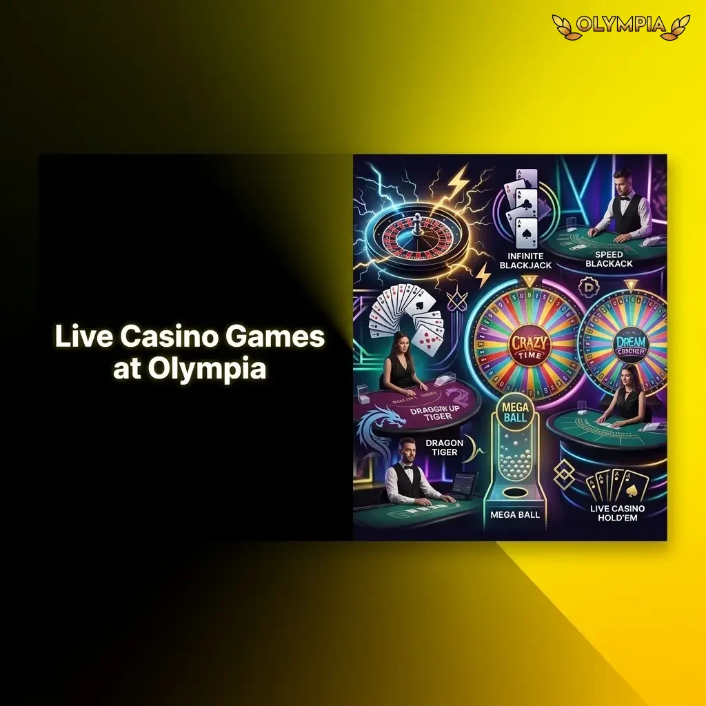 Live casino games at Olympia with professional dealers streaming HD tables including roulette, blackjack, and baccarat
