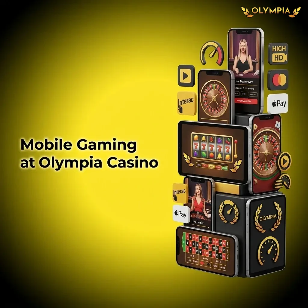 Mobile gaming at Olympia Casino on iOS and Android browsers with full access to games, live dealers, and Interac payments