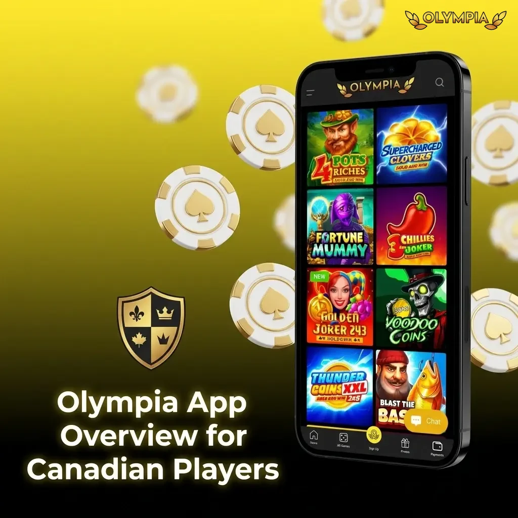 Olympia mobile app overview for Canadian players showing licence, OS compatibility, payment methods, and welcome bonus details