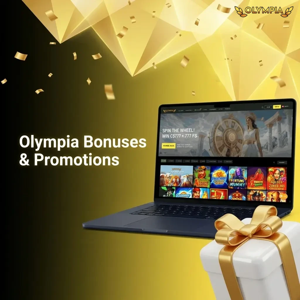 Olympia Casino welcome bonus offer showing 100% match up to C$10,000 plus 75 free spins for Canadian players