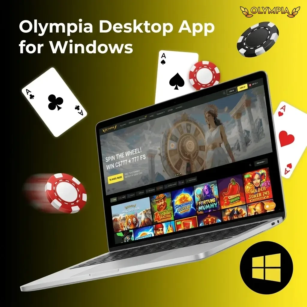 Olympia desktop app for Windows running in a browser on a laptop with casino and sportsbook features visible