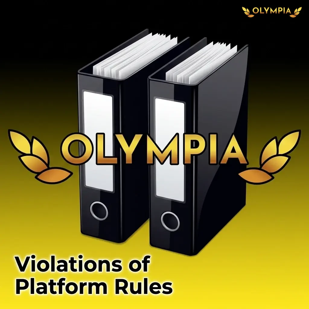 Warning sign with list of platform rule violations including fraud, bonus abuse, and unauthorized access on Olympia gambling platform
