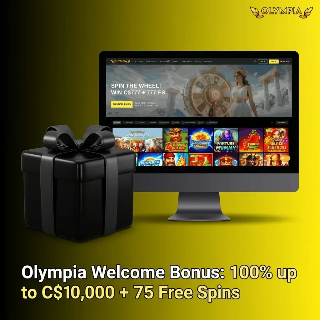 Olympia Casino welcome bonus offering 100% match up to C$10,000 plus 75 free spins for new players