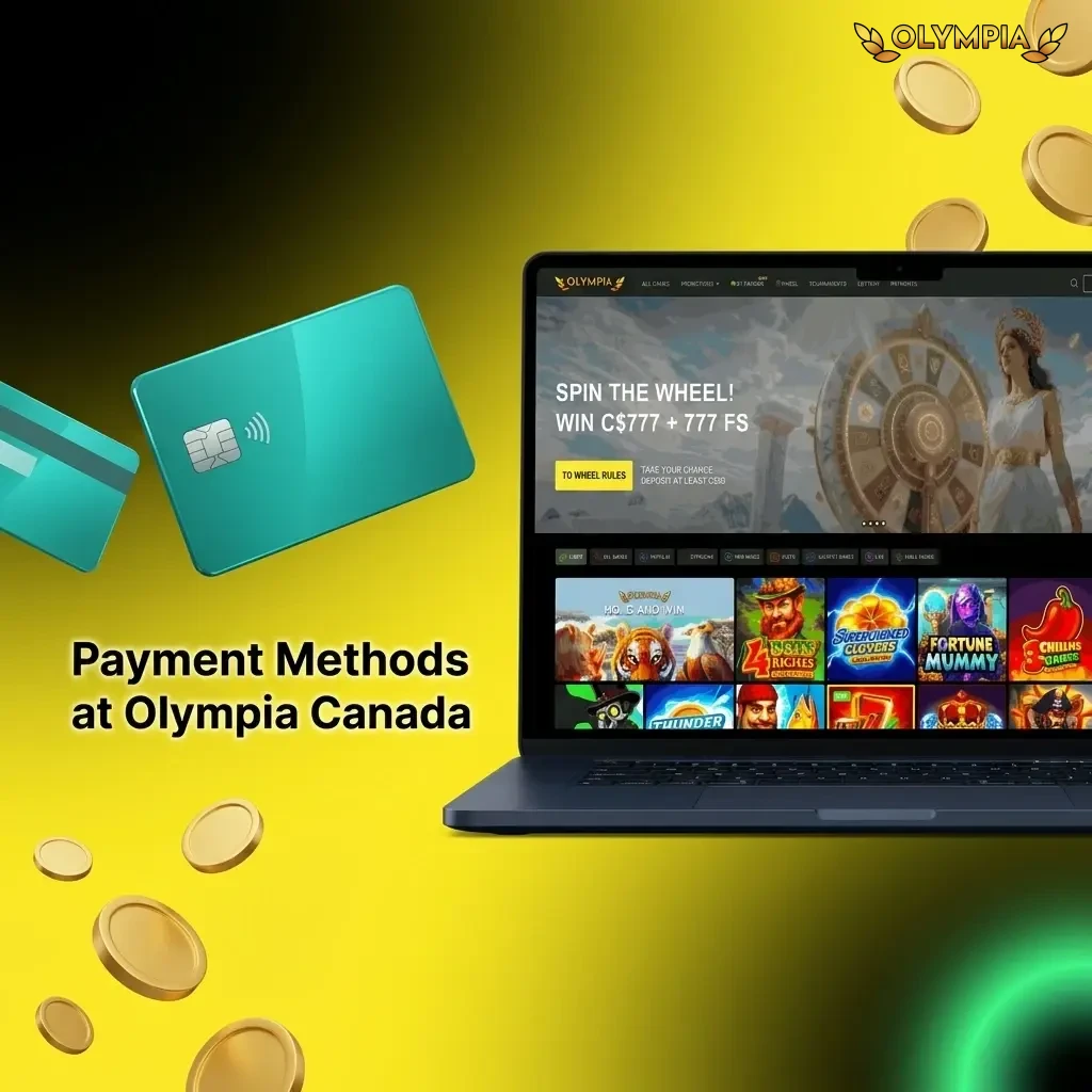 Olympia Canada payment methods table showing deposit and withdrawal limits for Interac, Visa, Skrill, and more
