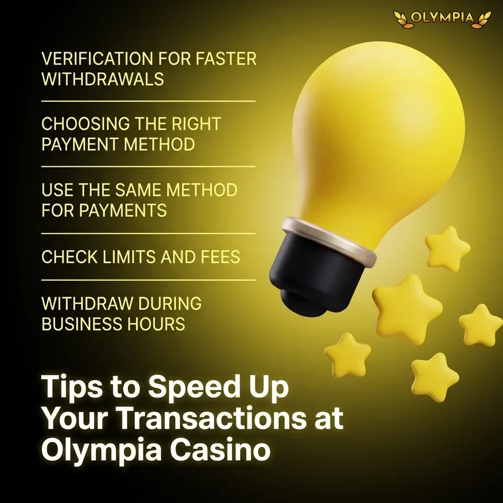 Tips to speed up transactions at Olympia Casino: verify early, match payment methods, check bonuses, and use e-wallets for fast payouts.