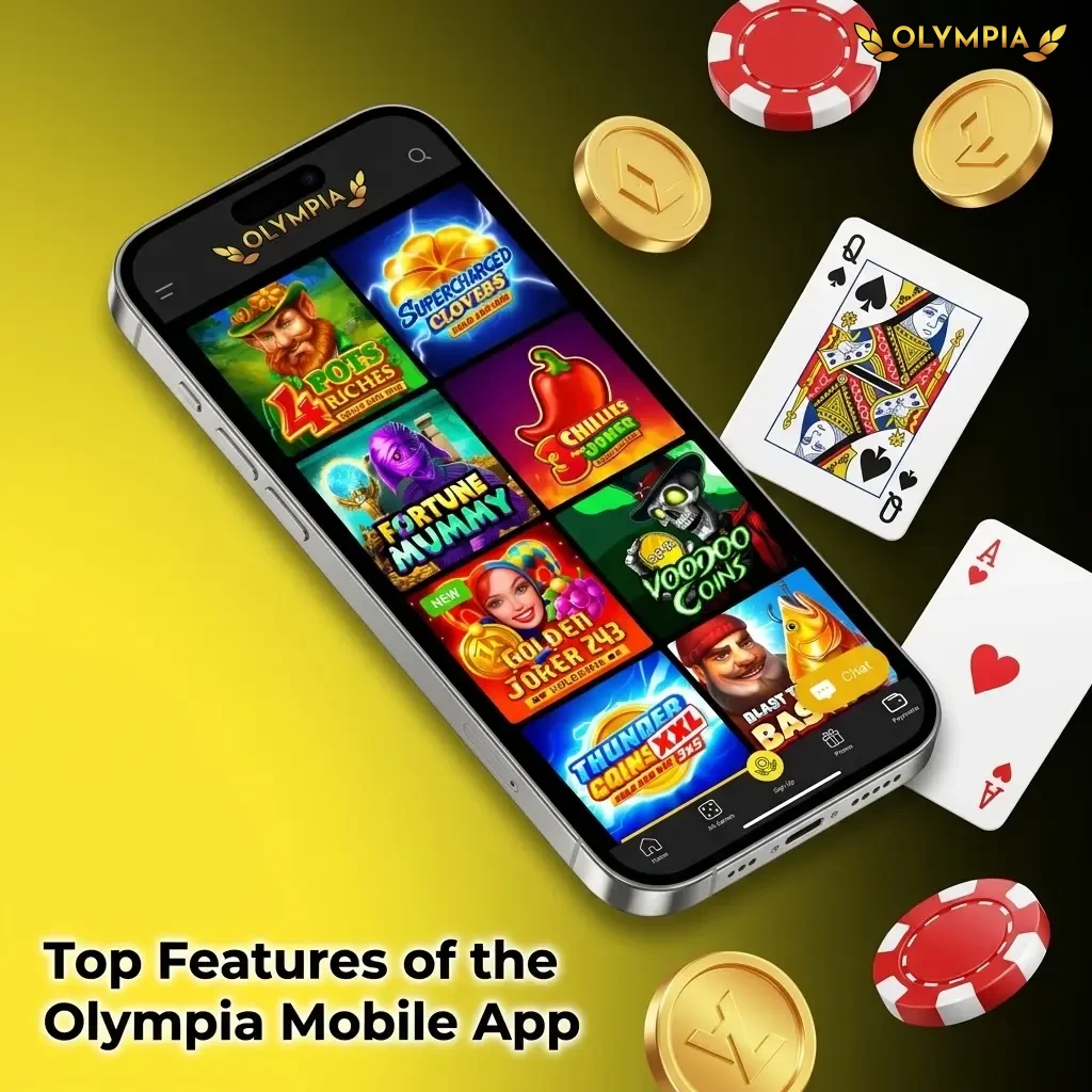Olympia mobile app features for Canadian players including casino games, sports betting, Interac payments, and live dealer tables