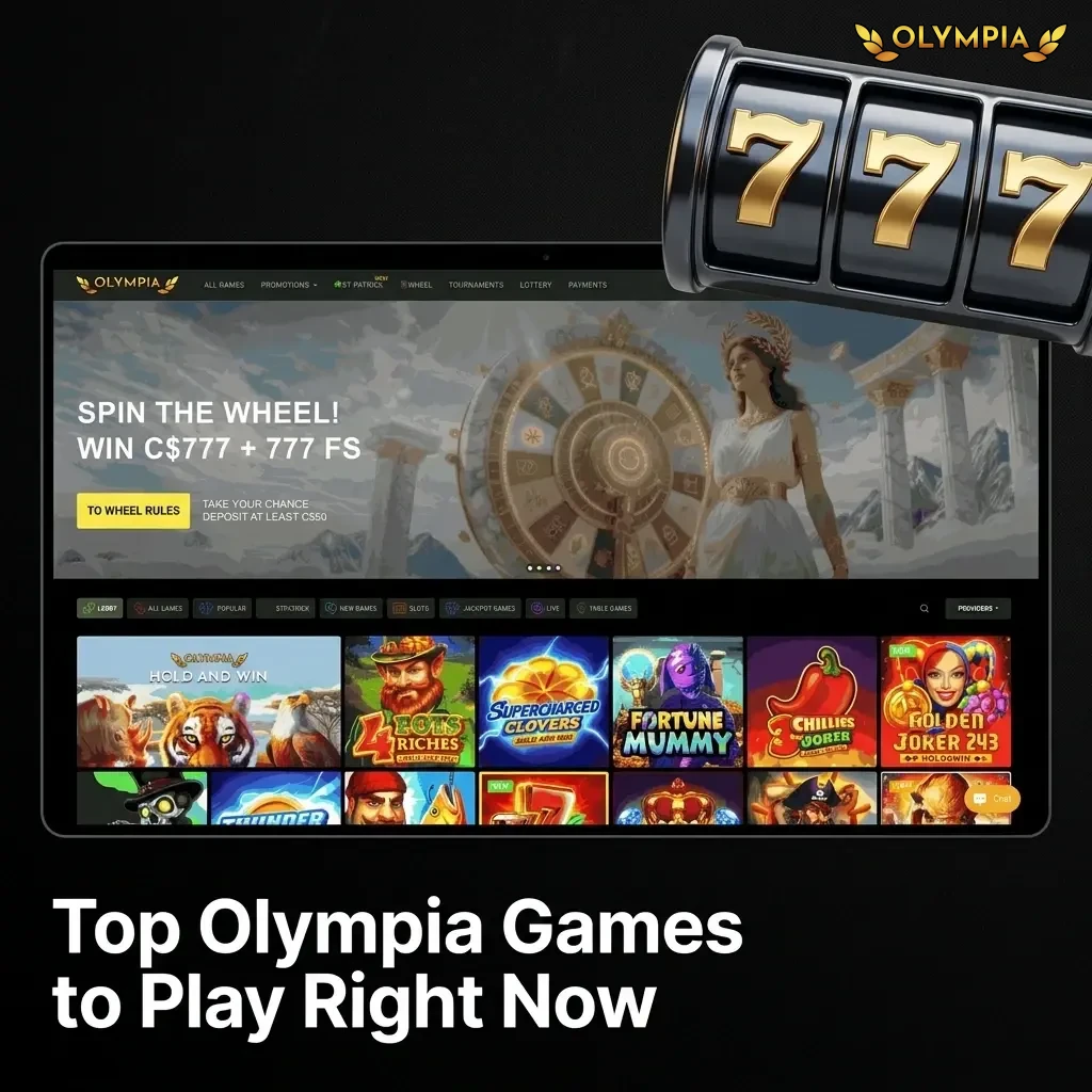 Top Olympia Casino games including Book of Dead, Gates of Olympus, Sweet Bonanza, and Mega Moolah for Canadian players