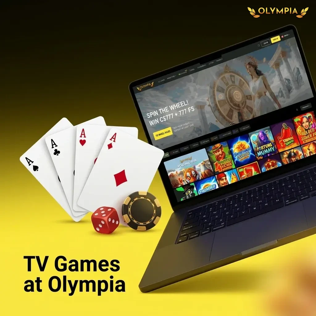 Olympia TV Games section featuring Wheel of Fortune, Lucky draws, Keno, and Bingo in a live broadcast studio format