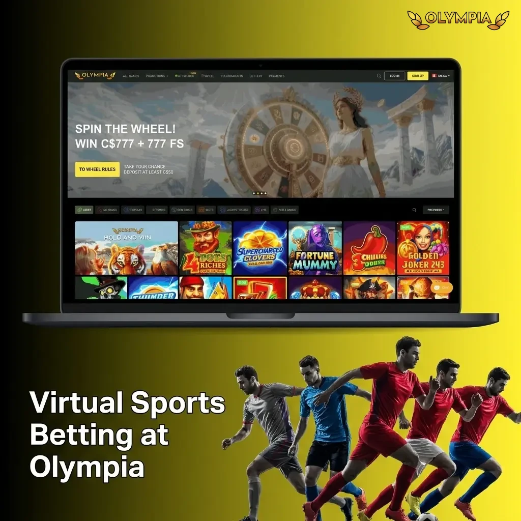 Computer-generated virtual sports betting options at Olympia including football, horse racing, basketball, and motorsport available 24/7